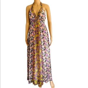 Stunning Moda International Halter Flora Open Back Maxi Silk Dress size Large